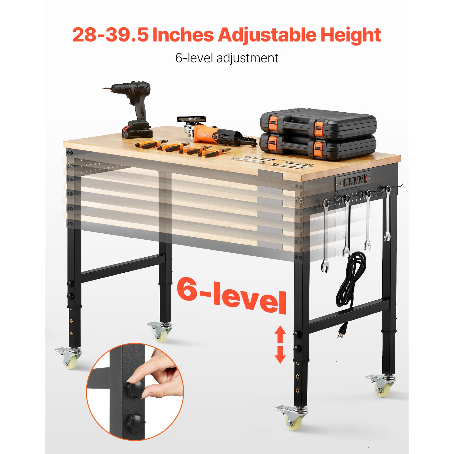 48" Workbench On Wheels Adjustable Height Table With Power Outlet & Pegboard_voghion.com